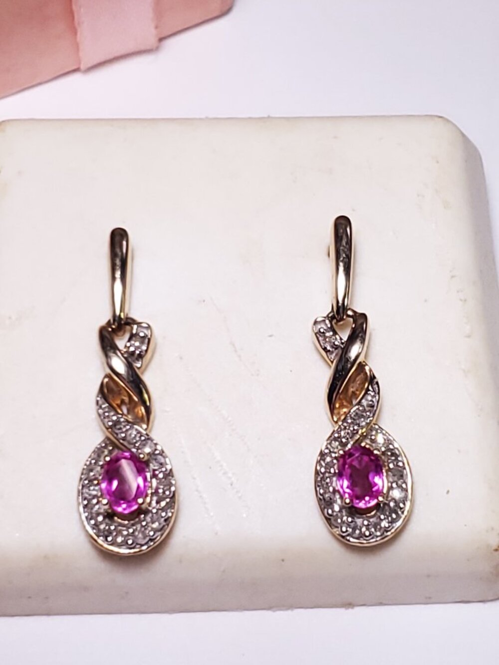 Estate .60ctw Oval Pink Topaz & Diamond Drop 10KT YG Screw Post Earrings #25106